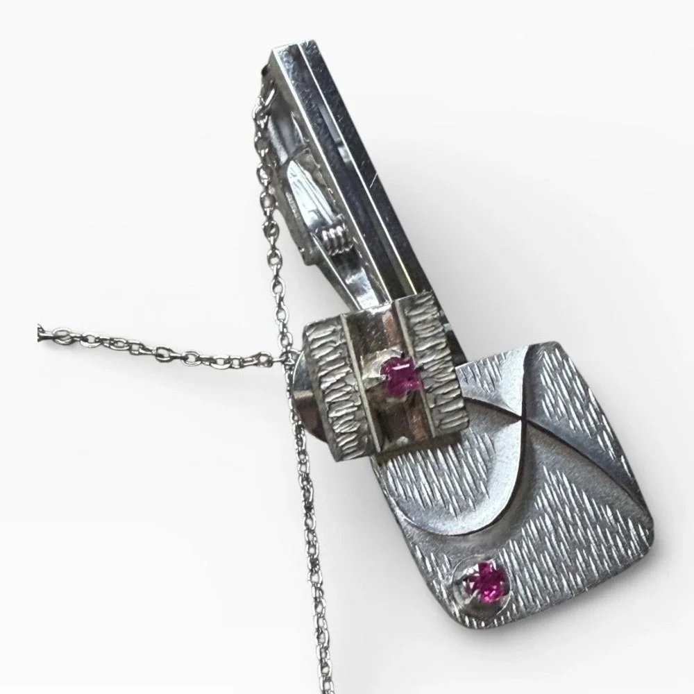 Vintage Mens Silver Tone Square Tie Bar Clip Chain Pink Gemstone Accent Formal